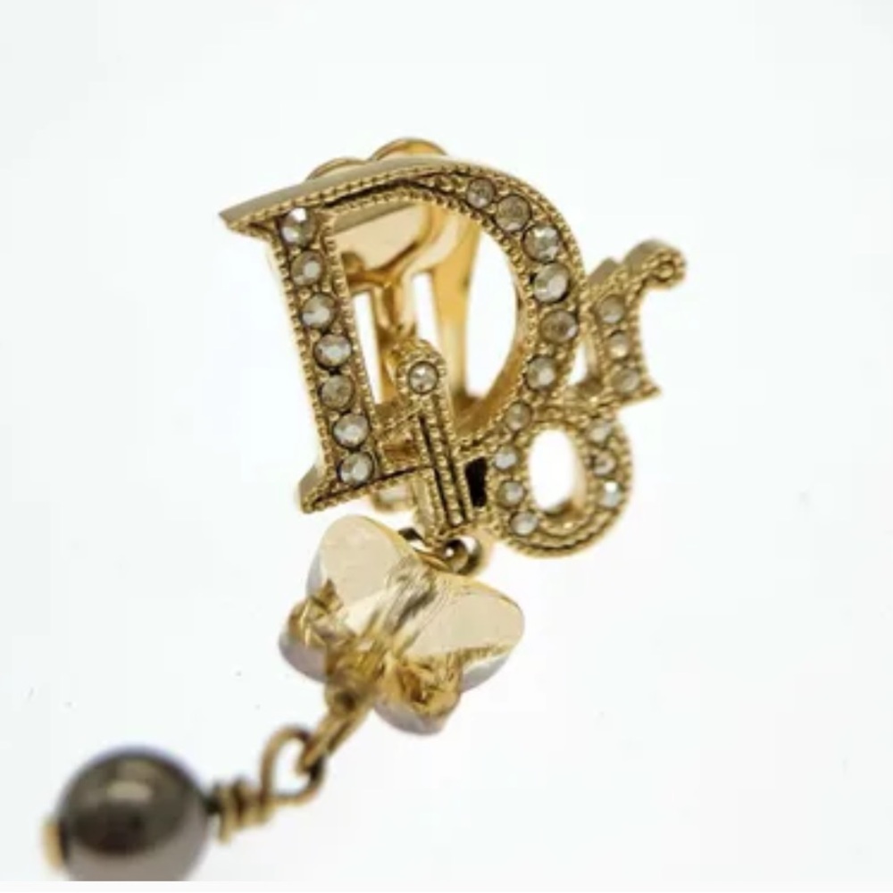 Dior Logo Gold Rhinestone Earrings - Picture 7 of 10